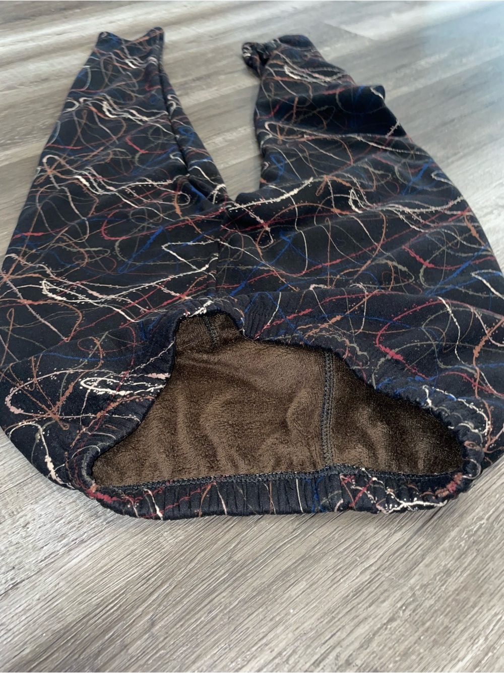 Abstract Scribble Print faux fur lined Leggings - Black with Multicolor Lines